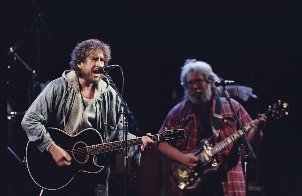 Bob Dylan and Jerry Garcia perform at Day on the Green, Oakland Coliseum Stadium, Oakland, CA, July 24, 1987